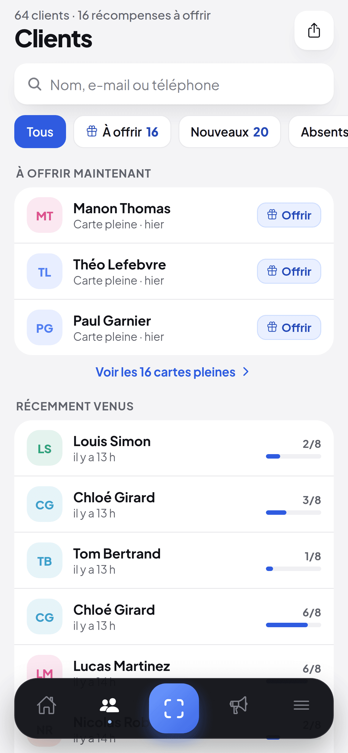 Liste des clients dans l'application Wallio