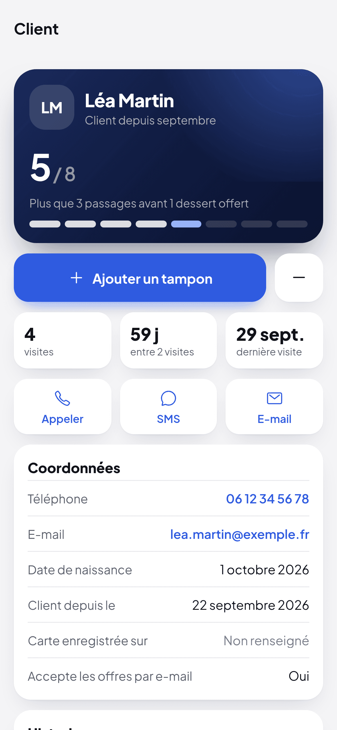Fiche client dans l'application Wallio